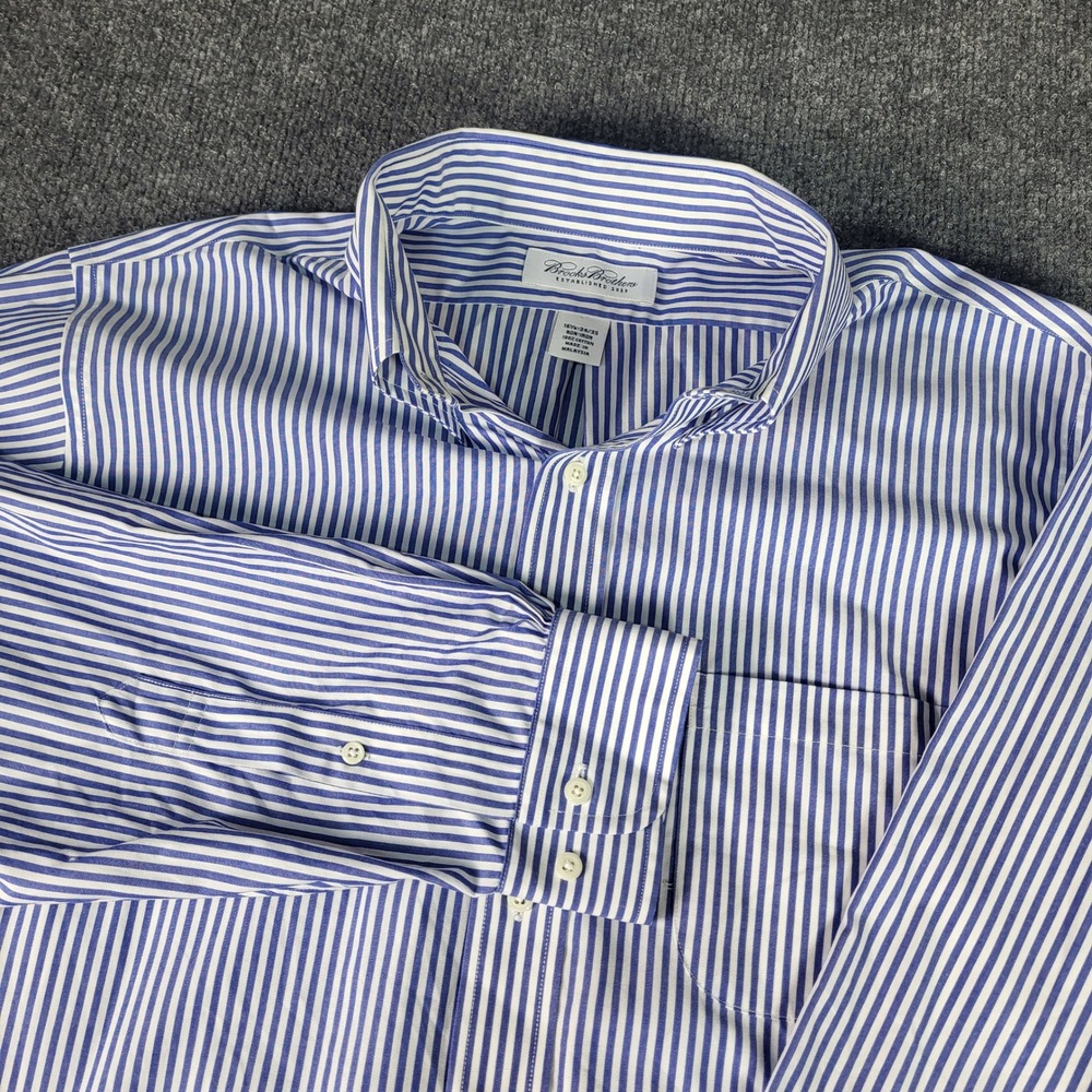 Brooks Brothers Mens 16.5 34/35 Non-Iron Blue White Striped Button Down Shirt